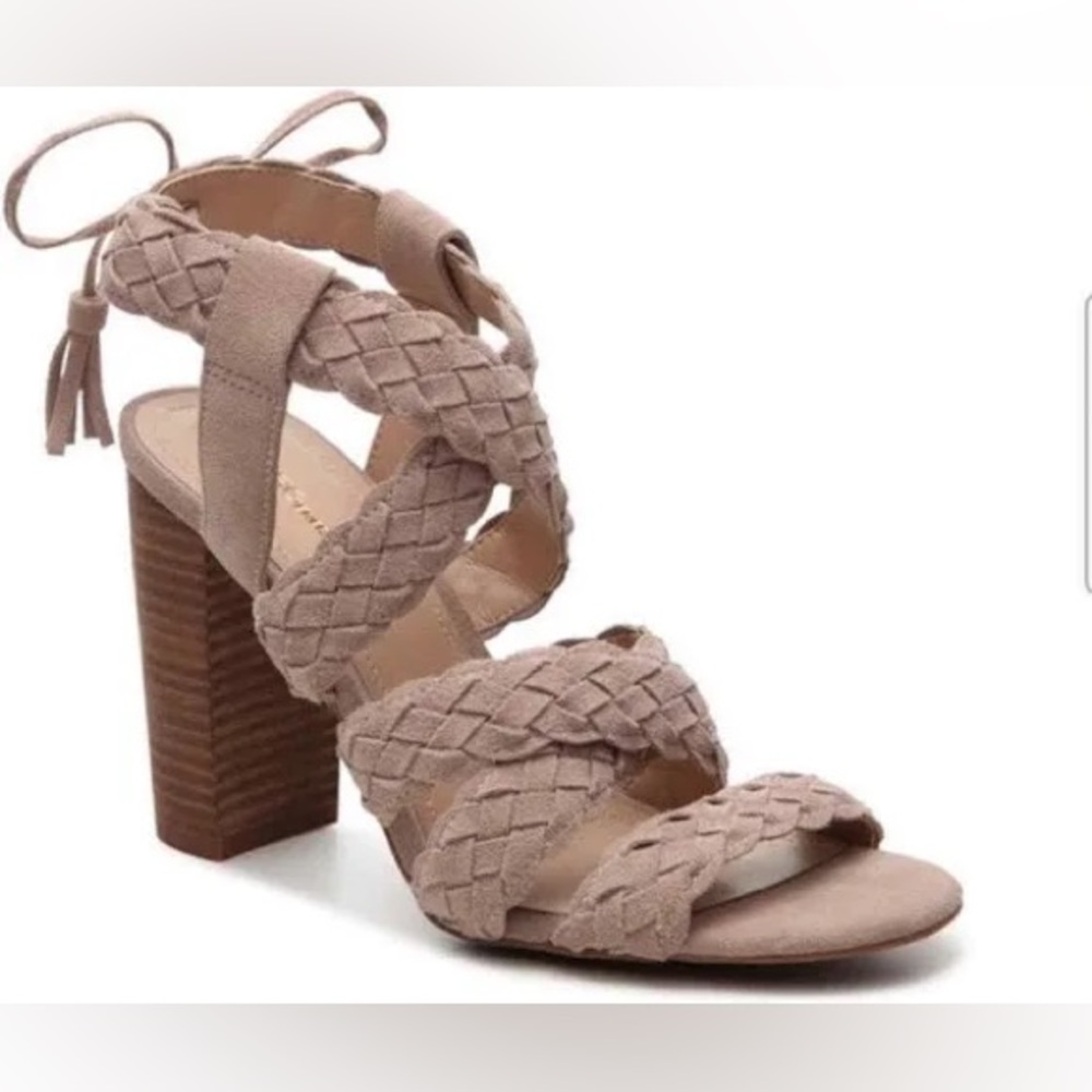 BCBG NIB Nude Suede Braided Strap Block Heels Size 8